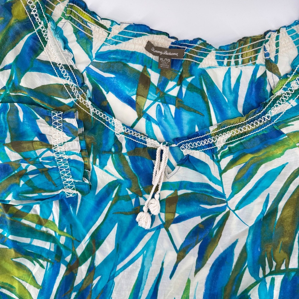 Tommy Bahama Silk Cotton Guazy Shirt XL Blue Green Tropical Palm Coast TW3168